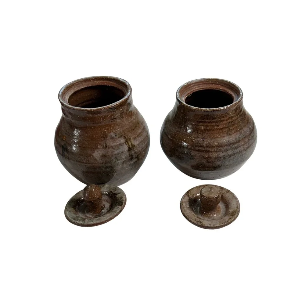 Vintage Studio Pottery Lidded Jars Set of 2 Brown Glazed Stoneware Canisters